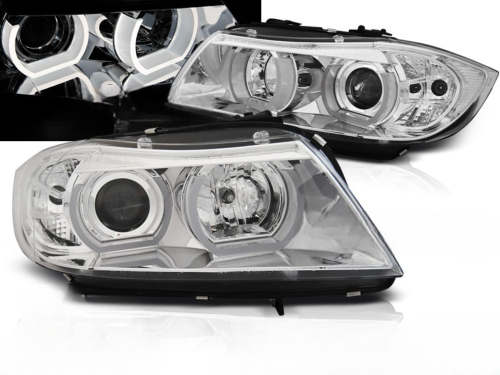 Paire de feux phares BMW serie 3 E90 / E91 de 2005 a 2008 angel eyes 3D led chrome
