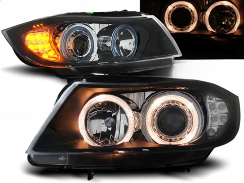Paire de feux phares BMW serie 3 E90 de 2005 a 2008 angel eyes noir + Cligno Led