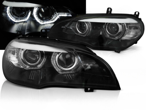 Paire feux phares BMW X5 E70 de 2007 a 2010 Xenon Angel Eyes Led DRL Noir