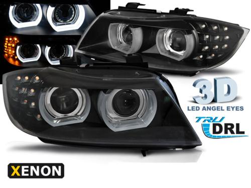 Paire feux phares BMW E90/E91 09-11 Xenon Angel Eyes Led DRL Noir