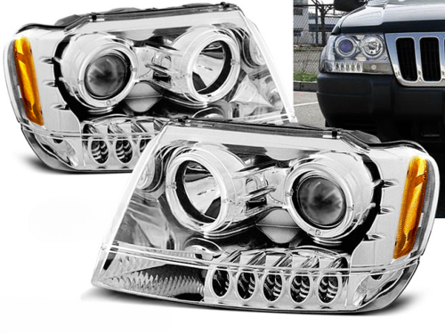 Paire de feux phares Jeep Grand Cherokee de 1999 a 05/2005 angel eyes chrome