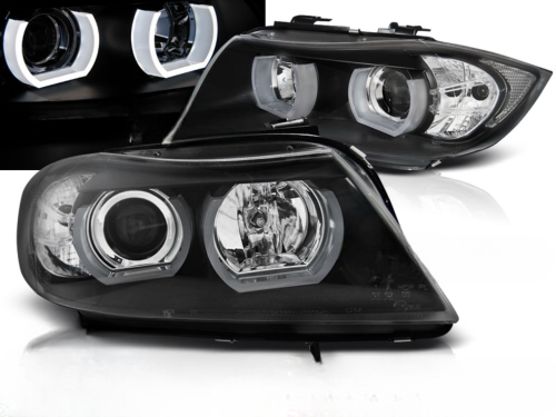 Paire de feux phares BMW serie 3 E90 / E91 de 2005 a 2008 angel eyes 3D led noir
