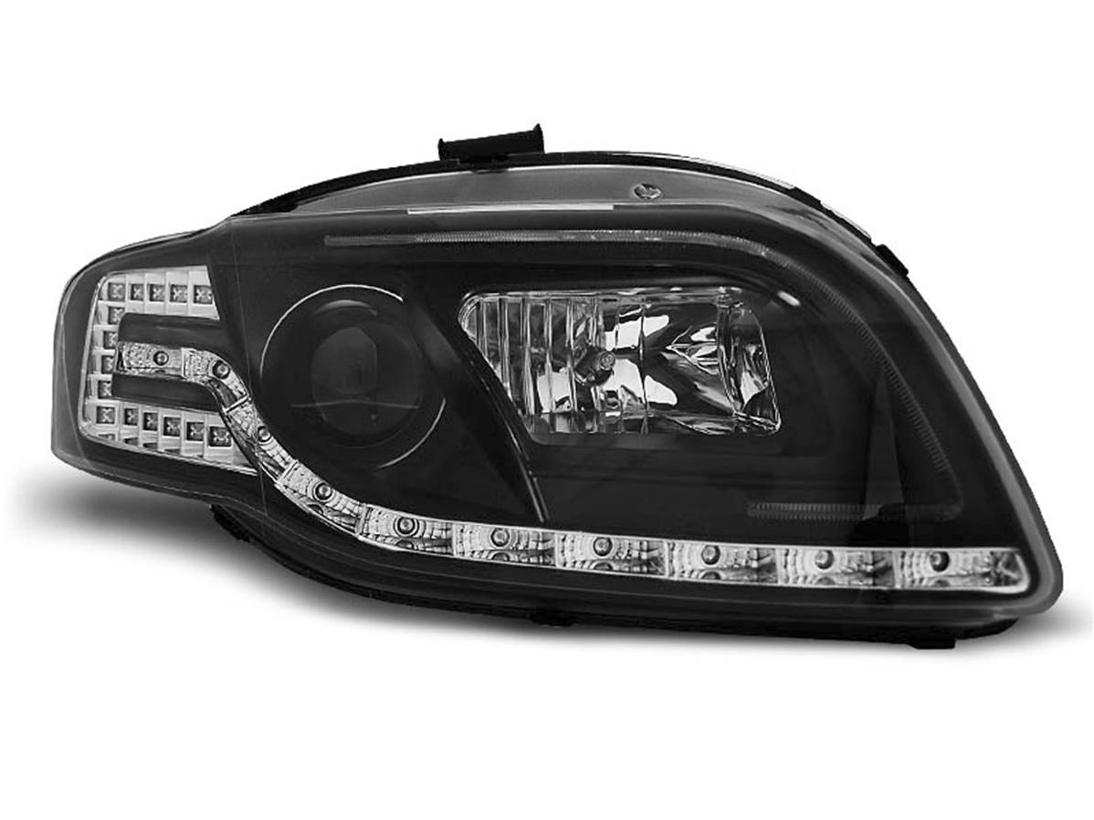 Phares Avant Noirs Avec Tube LED Pour Audi A4 B7 / 8H – Compatible Ampoules D’origine, Réglage électrique Intégré, Homologués CE