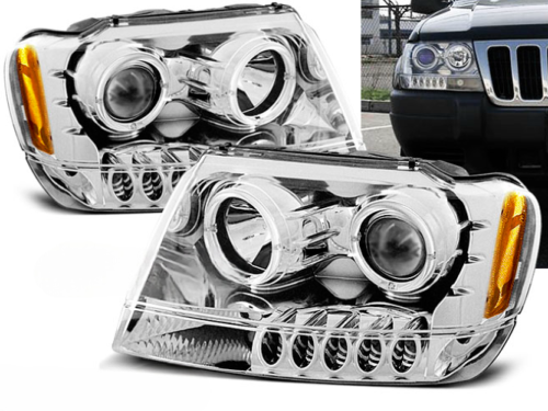 Paire de feux phares Jeep Grand Cherokee de 1999 a 05/2005 angel eyes chrome