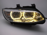 Paire de feux phares BMW serie 3 E92 / E93 de 2006 a 2010 angel eyes LED Yellow 3D DRL chrome