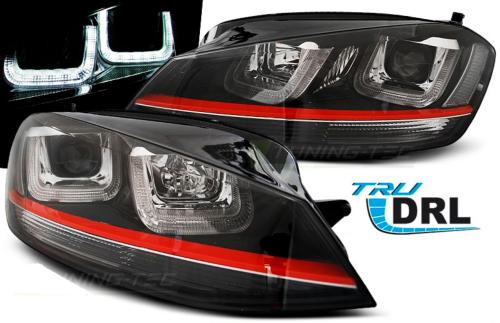 Paire feux phares VW Golf 7 12-17 Daylight led U-type Look GTI noir ligne rouge
